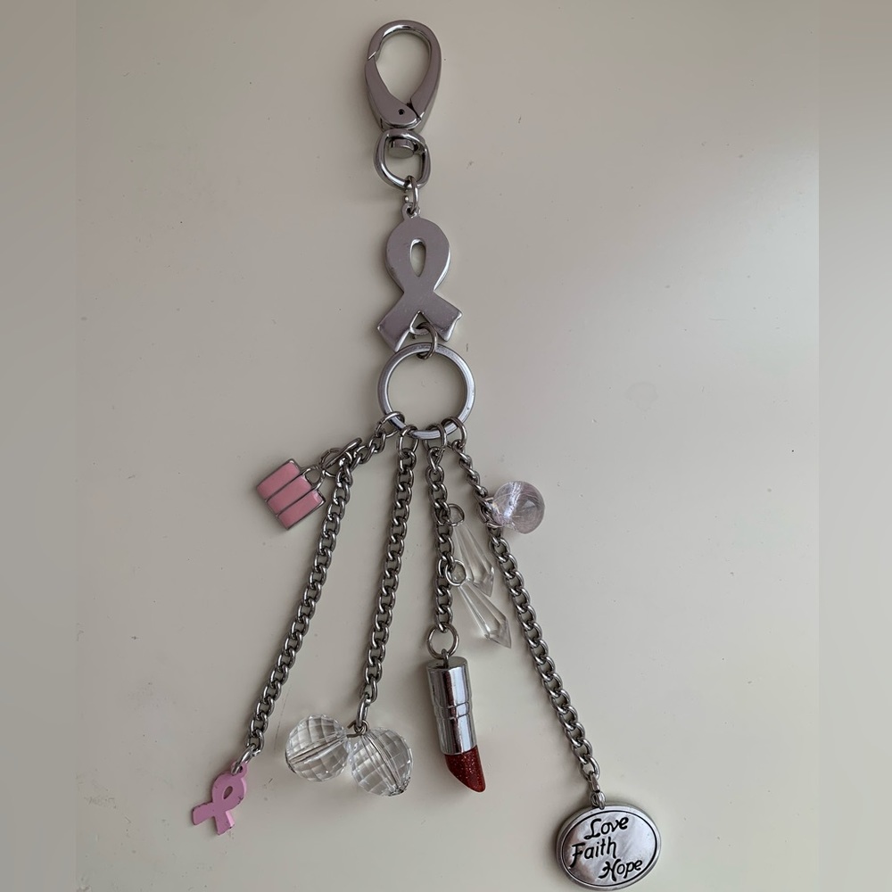 Breast Cancer Awareness Pink Keychain Charm Love Faith Hope Silver Fob